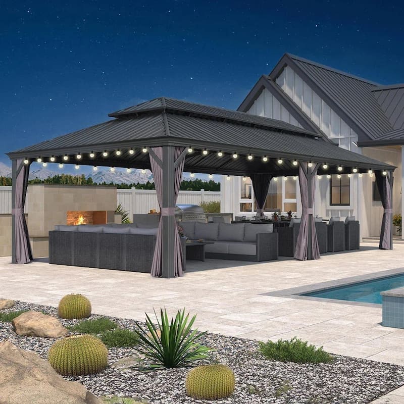 PURPLE LEAF Outdoor Galvanized Steel Hardtop Gazebo, Aluminum Frame Gazebo With Curtains and Light