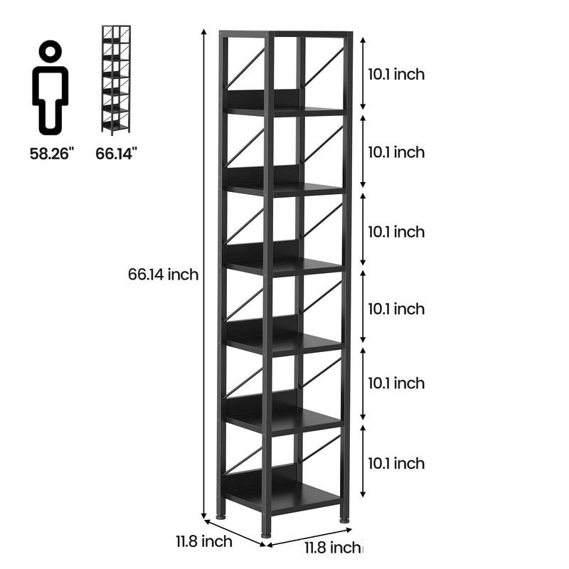 6-Tier Slim Bookshelf Tall Rustic Metal Frame Bookcase Narrow Corner Shelf - Black
