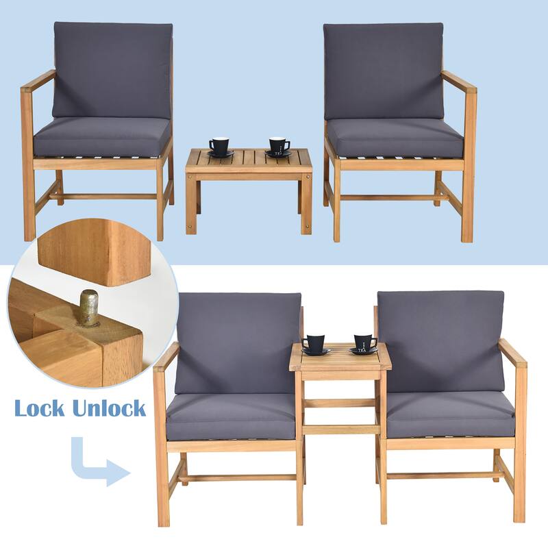 3 in 1 Acacia Wood Loveseat with Separable Coffee Table and Cushions