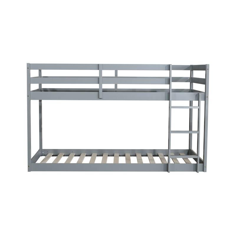Roomfitters Solid Rubber Wood Twin over Twin Floor Bunk Bed with Ladder, Reinforced Slat Platforms, Low Height Design