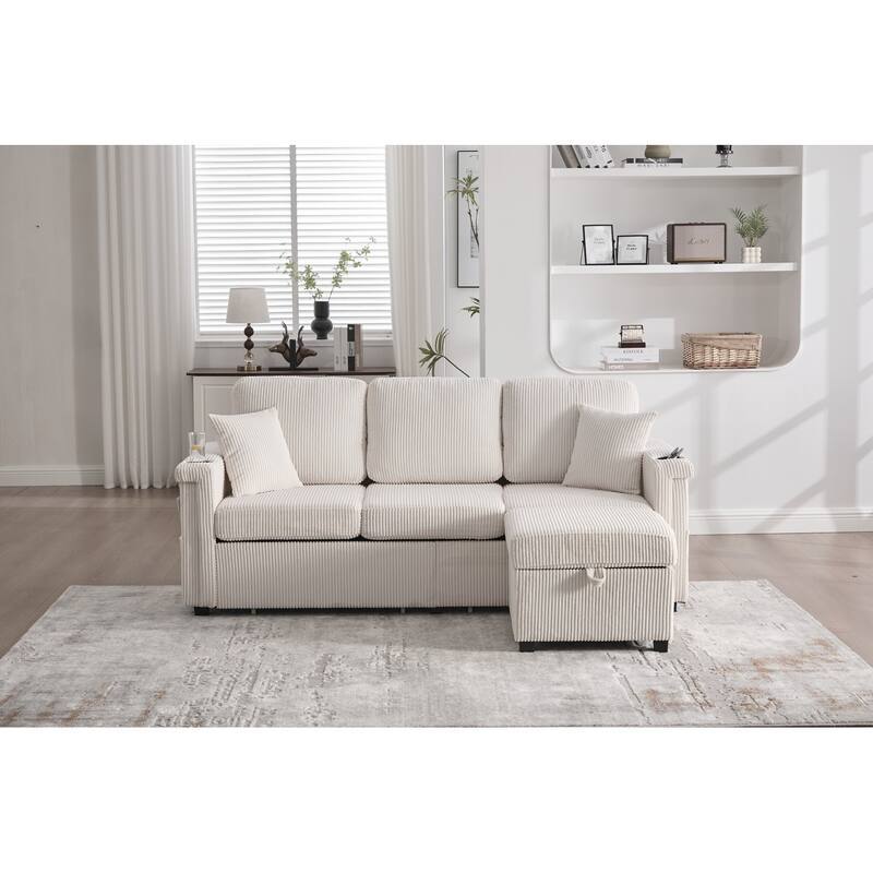 L-Shaped Sectional Sofa with Pull-Out Storage,Ottoman & Pillows 3-Seat with USB Charging,Cup Holder, Convertible Design - Beige