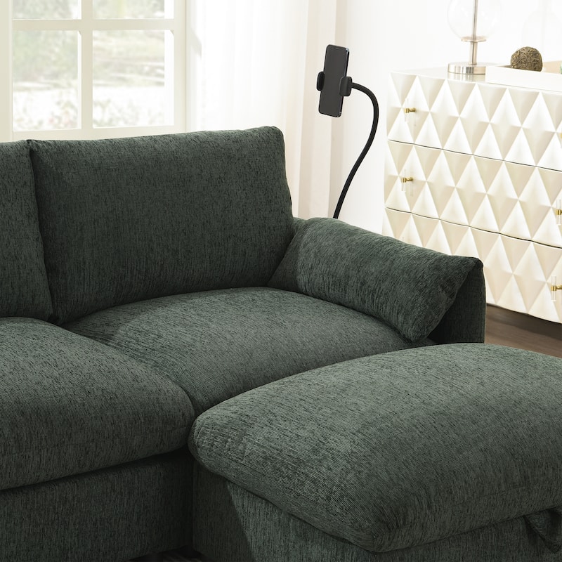 L-Shaped Sectional Chenille Sofa with Storage Ottoman, Phone Holder, USB Charger, Elephant Ear-Shaped Armrests and Pockets