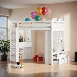 Eye-catching Design Twin Size Loft Bed with large shelves, Desk and LED Light, Maximum storage space, Versatility galore, White