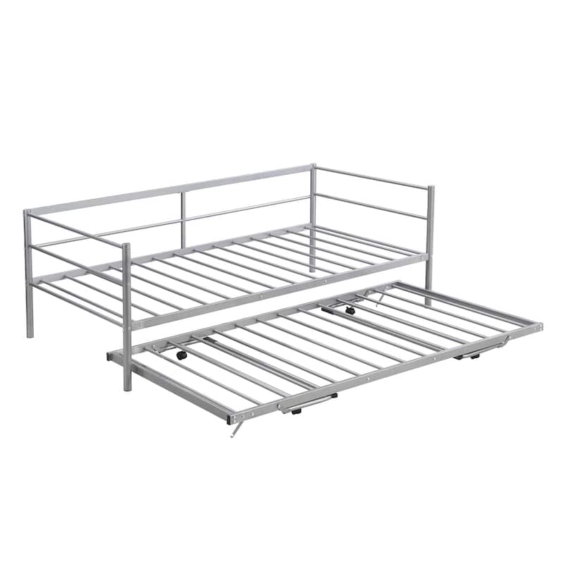 Twin Size Metal Daybed With Adjustable Trundle, Pop Up Trundle
