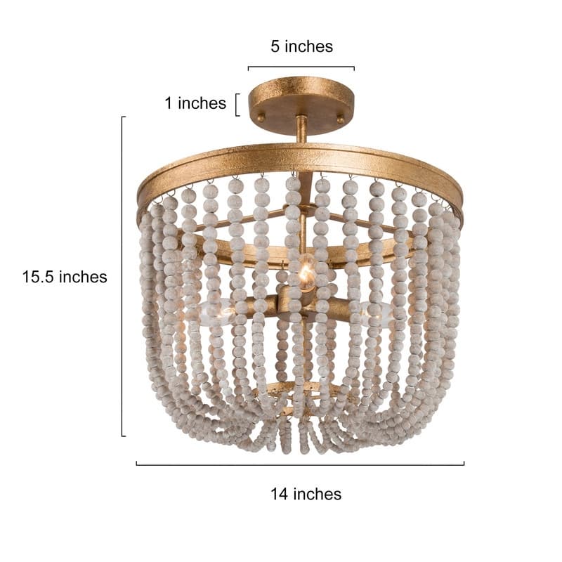 Cotia Boho Modern Glam 3-Light Wood Beads Semi-flush Mount Ceiling Lights Gold Chandelier - D14"*H15.5"