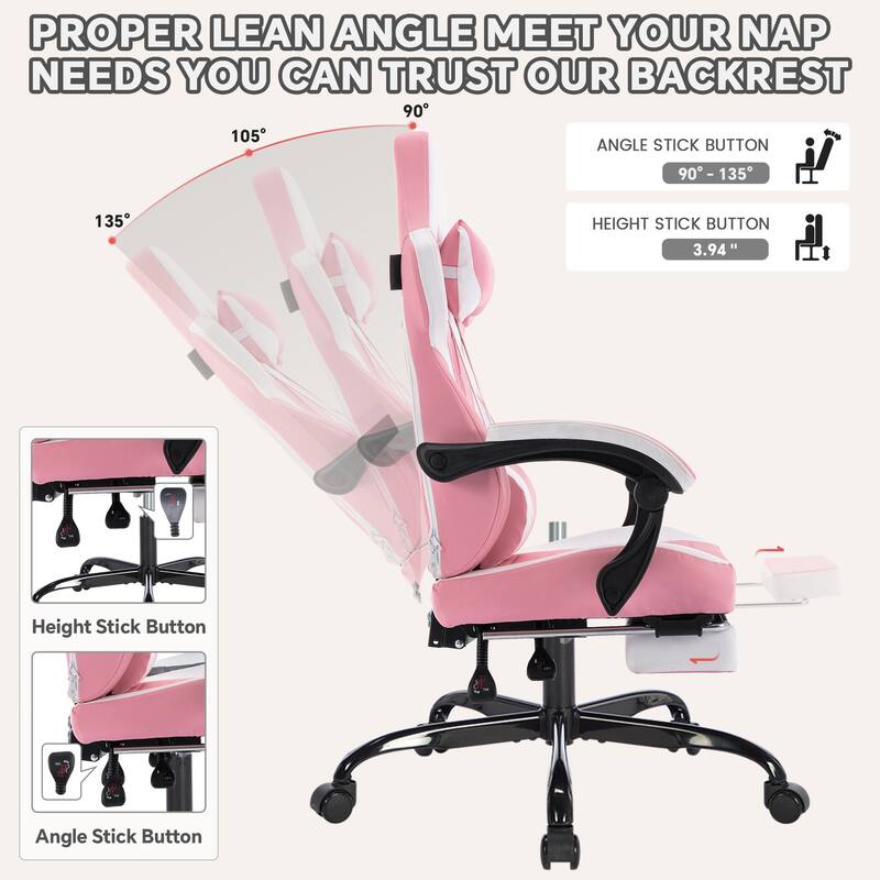 PVC Leather Gaming Chair with Footrest, Adjustable Headrest and Lumbar Support