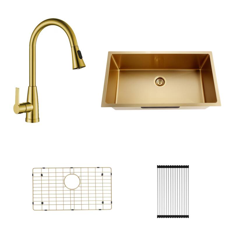 CB HOME 32'' Undermount Kitchen Sink with Gold/Black Kitchen Faucet Combo, Drop in Gold Kitchen Sink with Grid&Roll Up Dish Rack - 32'' - gold sink+gold faucet+grid+roll up rack