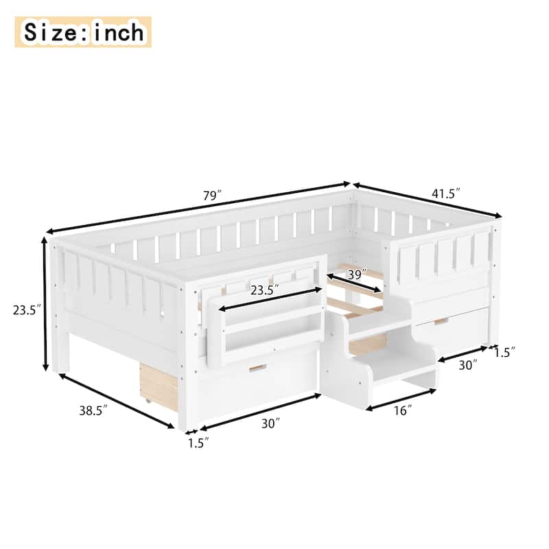 Multiple Colors Toddler Montessori Bed Children's Platform Bed with Low Profile Stairs, Built-in Bookshelf and Storage Drawers