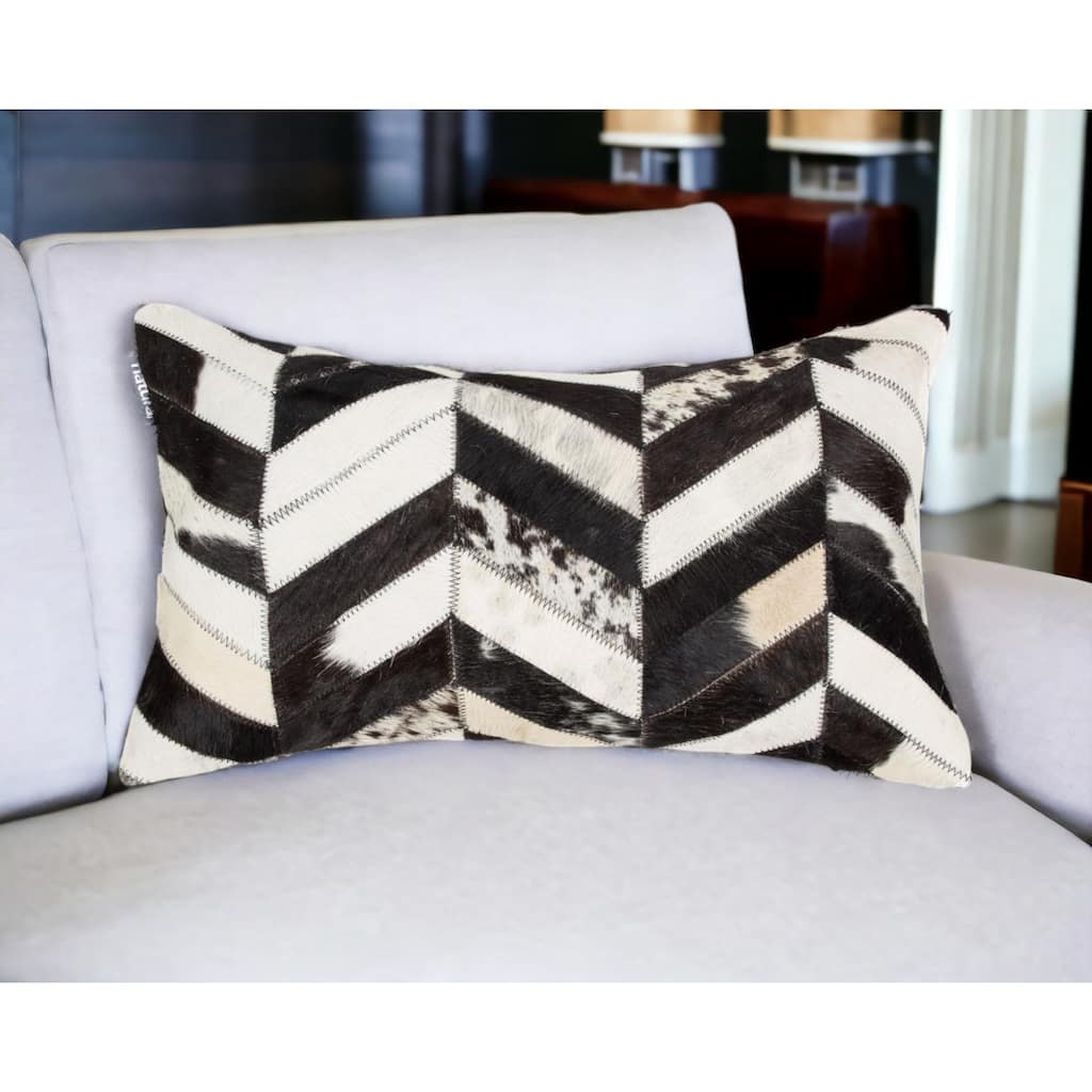 HomeRoots 12" X 20" Black Brown and Off White Chevron Cowhide Throw Pillow