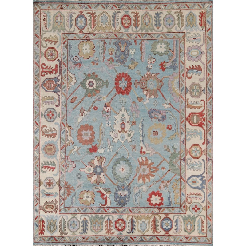 Light Blue Oushak Area Rug Hand-Knotted Oriental Wool Carpet - 7'11"x 9'11"