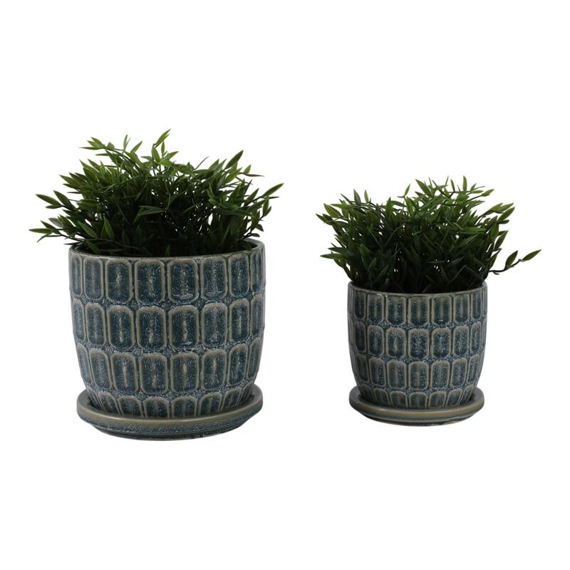 Stoneware Saucer Planters with Embossed Geometric Texture (Set of 2)