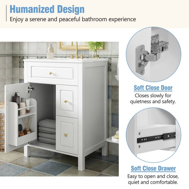 24-Inch Bathroom Vanity With Ceramic Sink, 1 Soft Close Door, 2 Soft Close Drawers, And Double Storage Racks On The Door