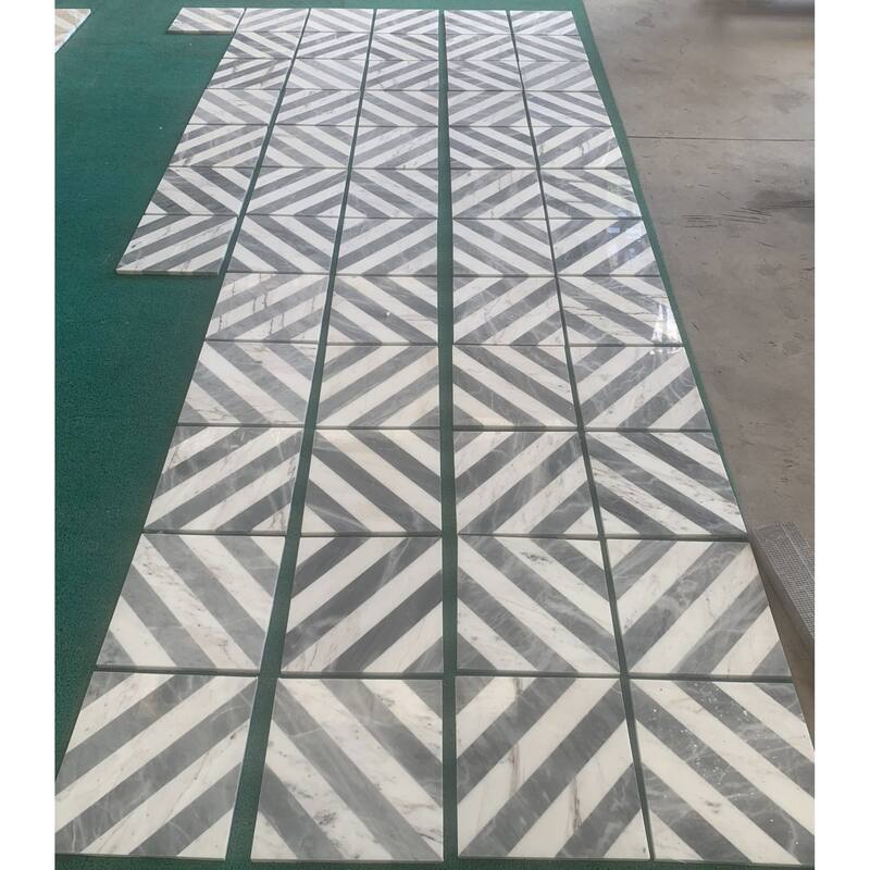 Roomfitters Waterjet Marble Tile for Floor and Wall, Polished Natural Stone, Genuine Marble, 8-Piece Box, White Gray