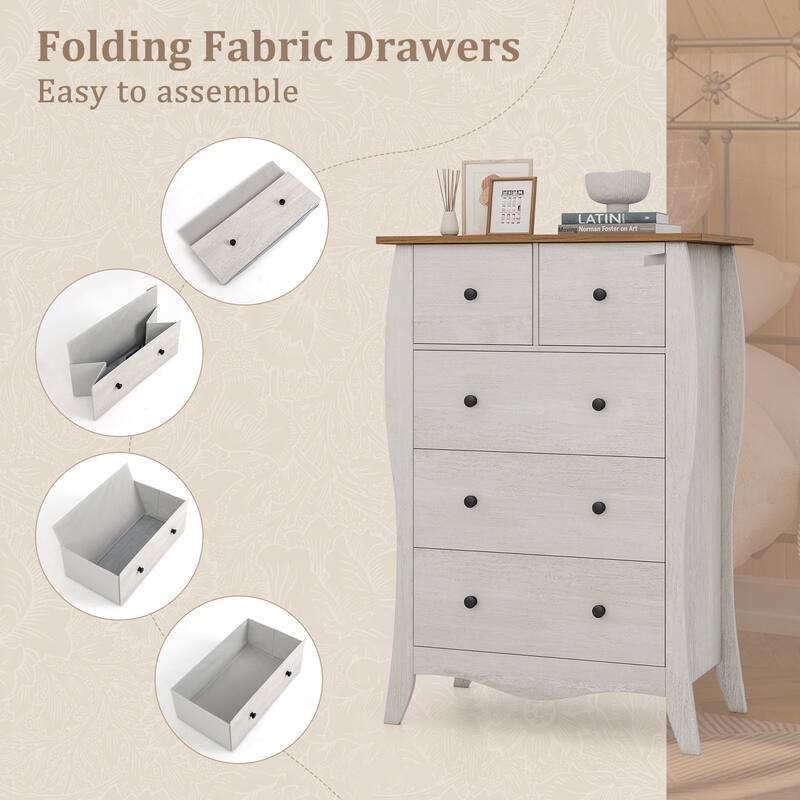 Gymax 2PCS 38'' Farmhouse Chest of Drawers w/ 5 Folding Fabric Drawers