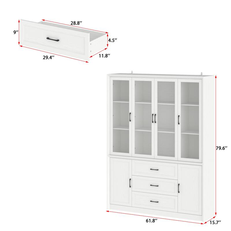 Pantry Cabinet Sideboard with Tempered Glass Doors & Drawers White/Brown