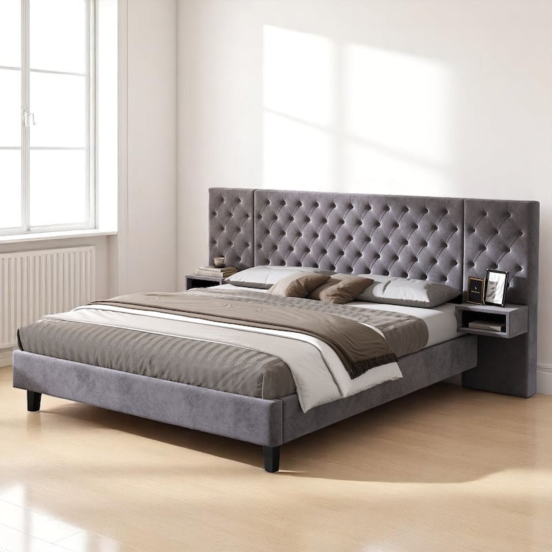 Modern Upholstered Platform Bed King/Queen with Velvet Wingback Headboard and Built-in Nightstands, Easy Assembly