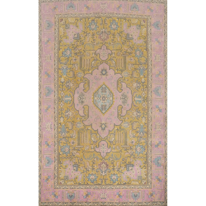 Hand Knotted Oriental 100% Wool Carpet Traditional Floral Yellow & Gold Tabriz Area Rug - 11' 2'' X 8' 0''