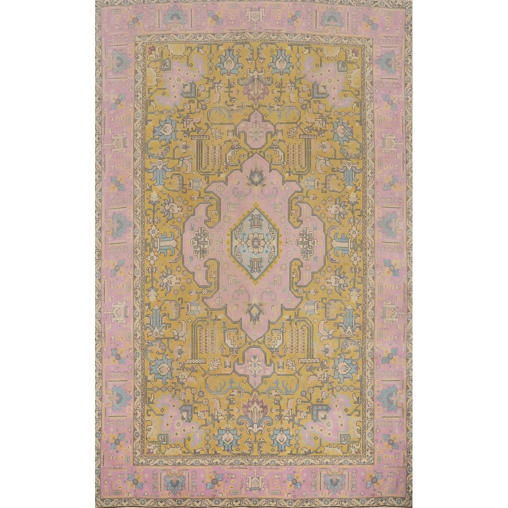 Hand Knotted Oriental 100% Wool Carpet Traditional Floral Yellow & Gold Tabriz Area Rug - 11' 2'' X 8' 0''