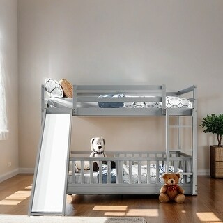 Twin Over Twin Bunk Bed Kids Bed with Slide and Ladder, Gray - Bed Bath ...