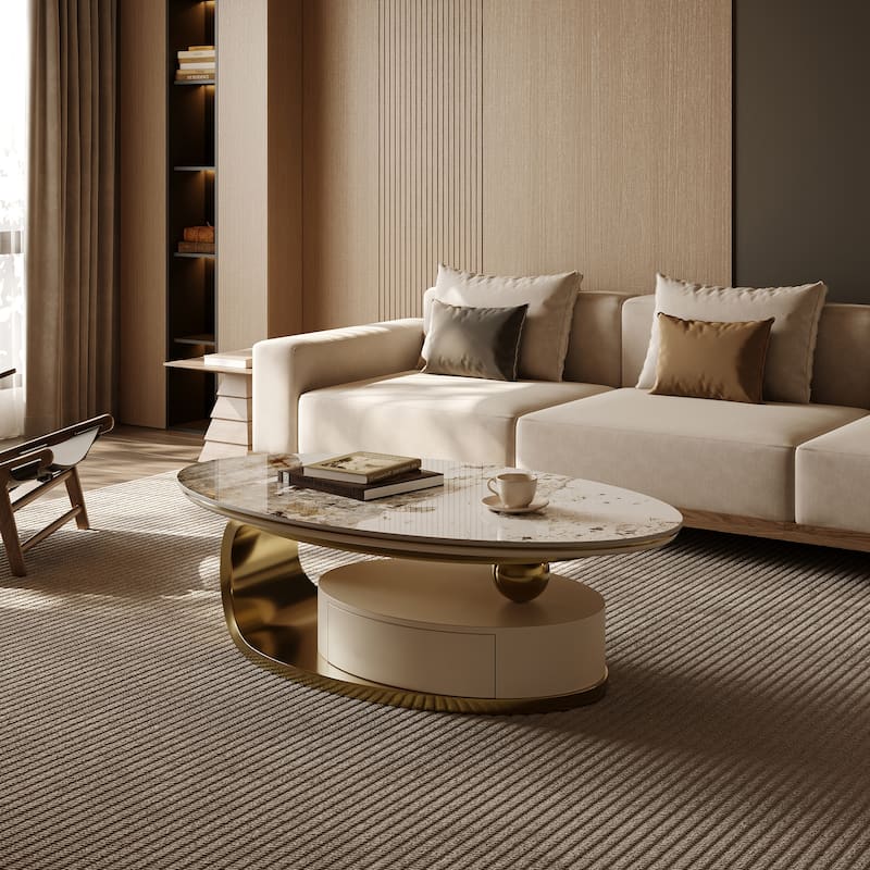 51" Modern Oval Coffee Table, Sintered Stone Top, Gold legs, Drawer - 51.2" X 27.5" - 51.2" X 27.5" - Gold - Marble
