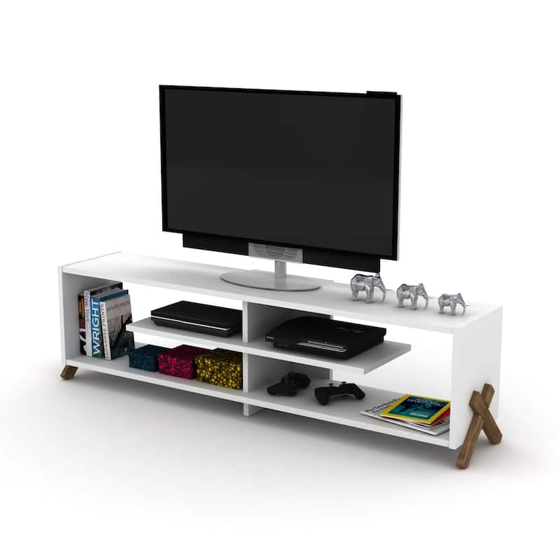 FurnisHome Store Mid Century Modern Tv Stand 4 Shelves Open Storage Wood Legs