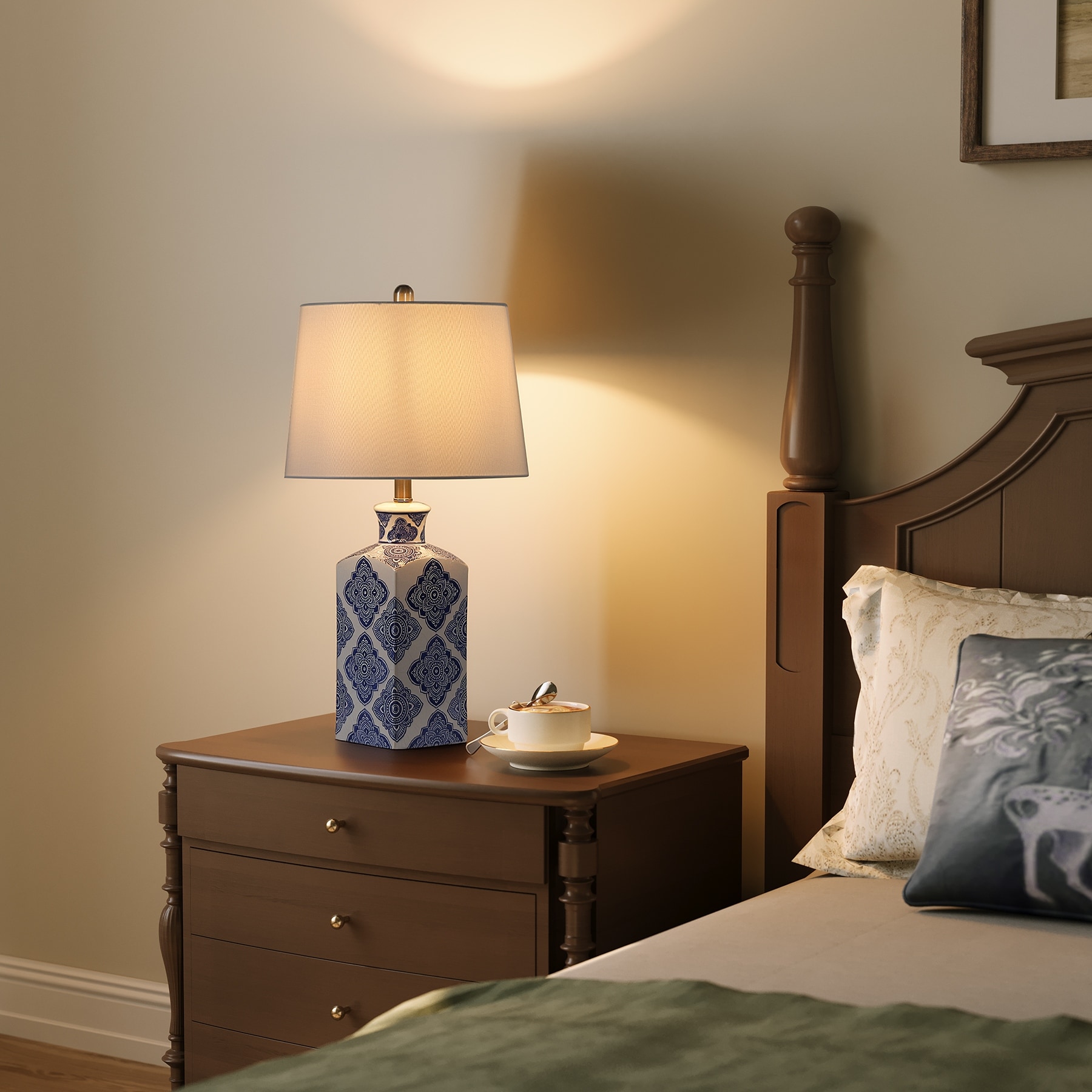 Blue and White Porcelain Table Lamp with Linen Shade - N/A