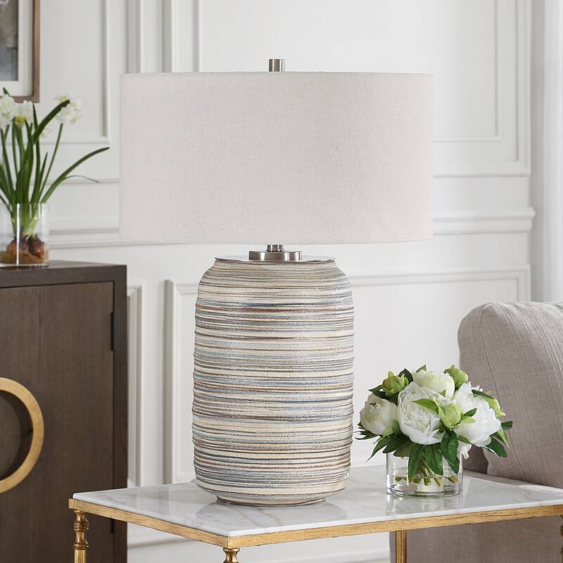 Striped Ceramic Table Lamp with Drum Shade - 27" - Beige and Brown