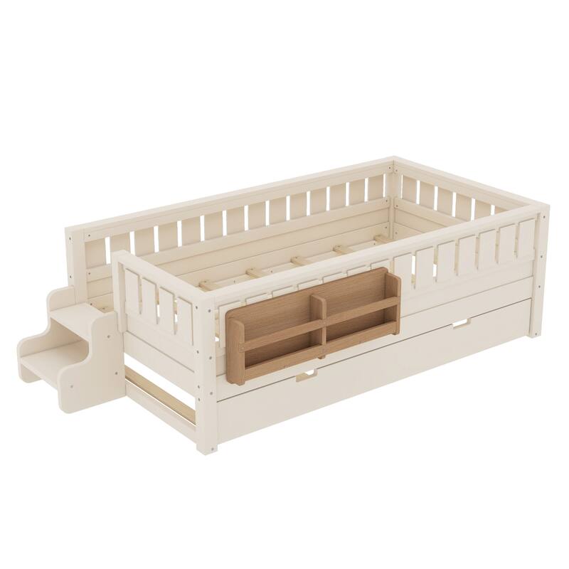 Twin with Built-in Bookshelves and Small Staircase, High-Quality Safety Rails, and Trundle