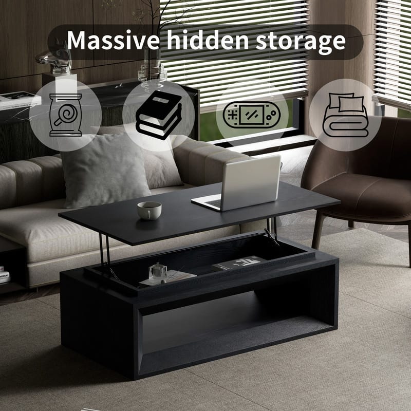 43.3" Lift-Top Coffee Table, Solid Wood Veneer Modern Accent Table with Storage and Adjustable Height