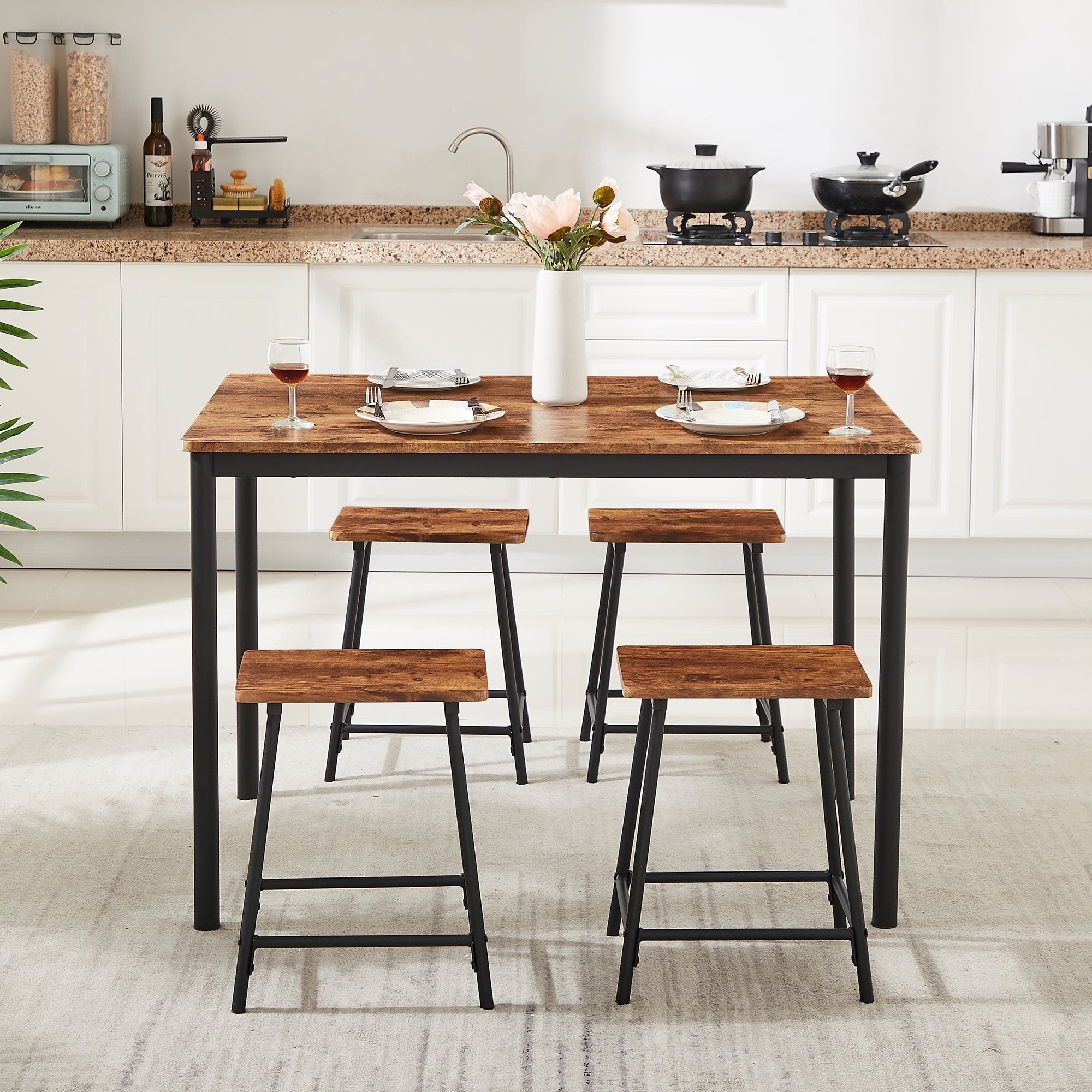 VECELO 5 Piece Dining Table Set with 4 Stools