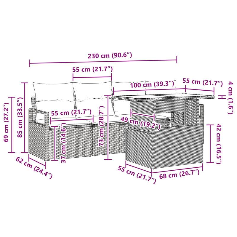 vidaXL 5 Garden Sofa Set with Cushions Black/Brown/Grey Poly Rattan - 90.6 x 24.4 x 27.2
