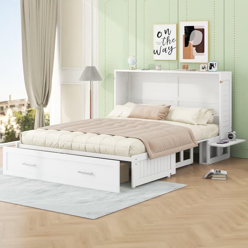 Queen Size Mobile Murphy Bed with Large Storage Drawer, 2 Side Shelves, and Foldable Design - White