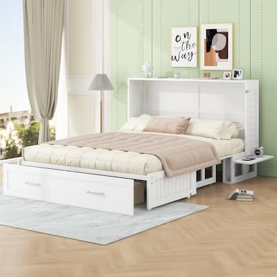 Queen Size Mobile Murphy Bed with Large Storage Drawer, 2 Side Shelves, and Foldable Design