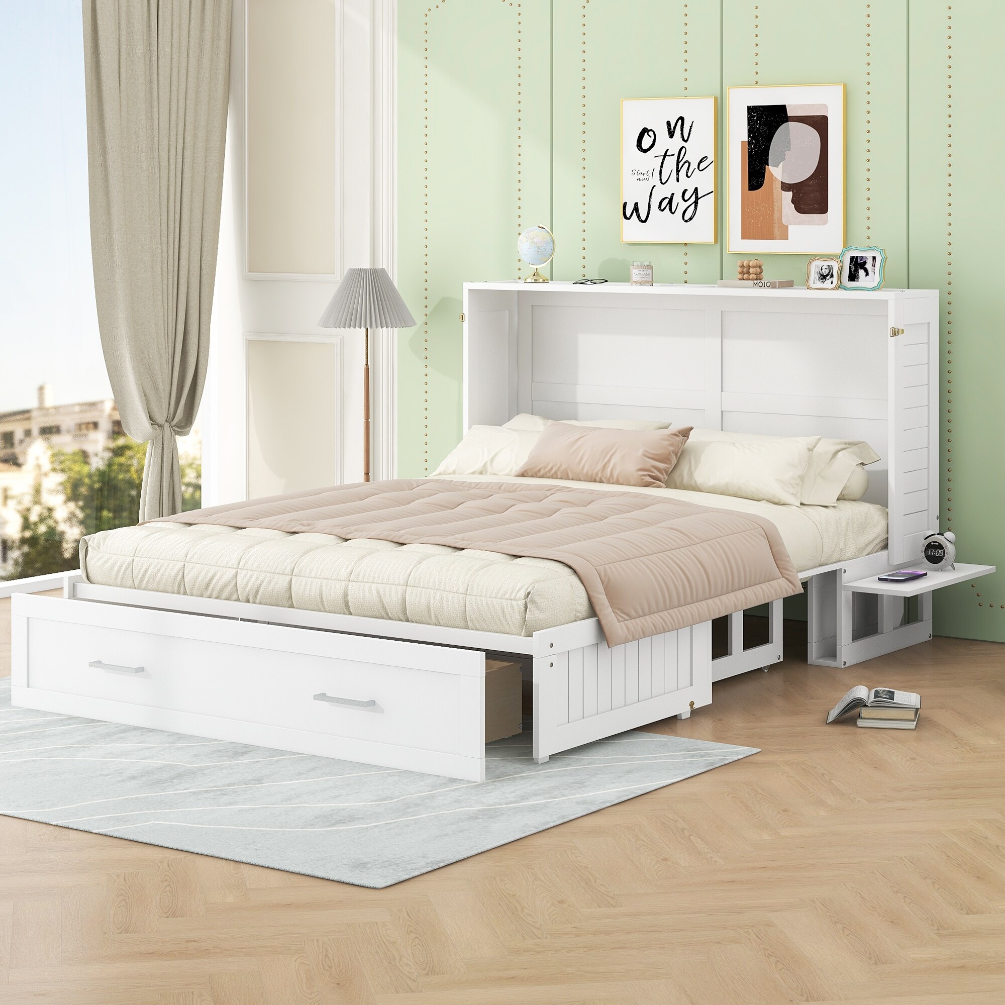 Roomfitters Queen Size Mobile Murphy Bed with Storage Drawer and Side Shelves, Space-Saving Foldable Wall Bed, White