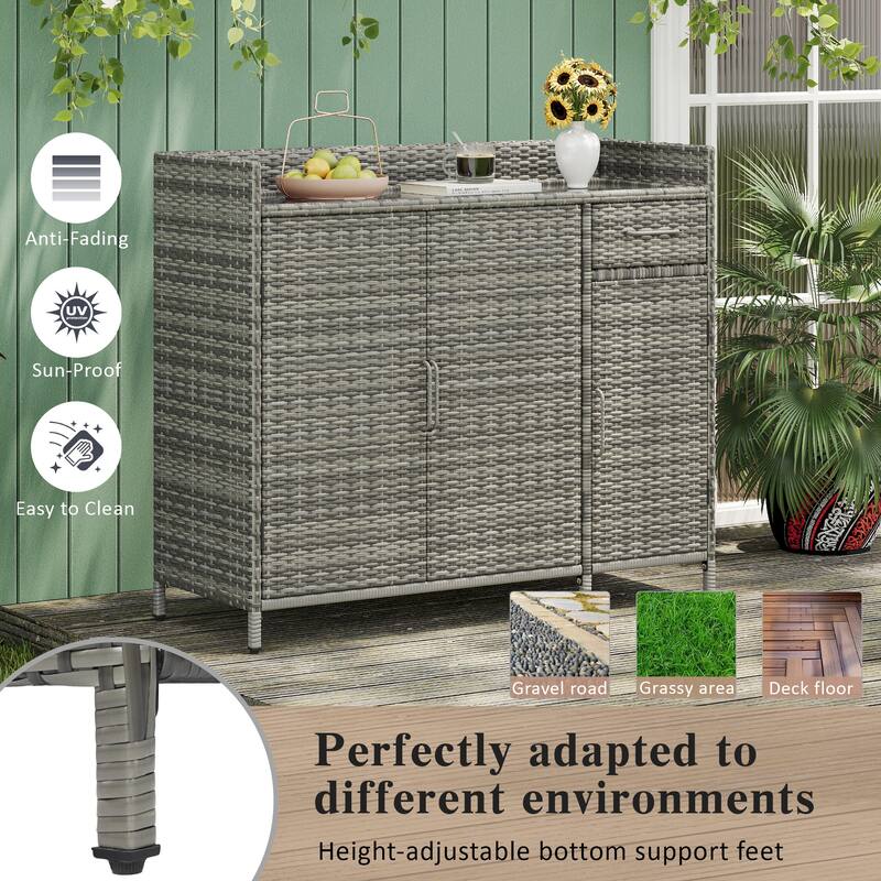 47.5"W Wicker Outdoor Storage Cabinet with Glass Desktop, Weather-proof Rattan Bar Table with Three Doors, Adjustable Shelf
