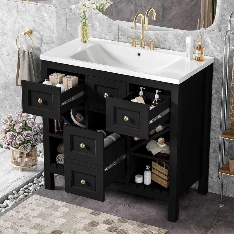 Bathroom Vanity with Resin Top Sink, Bathroom Storage Cabinet with 5 Drawers, Bathroom Vanity Set with 4 Open Shelves