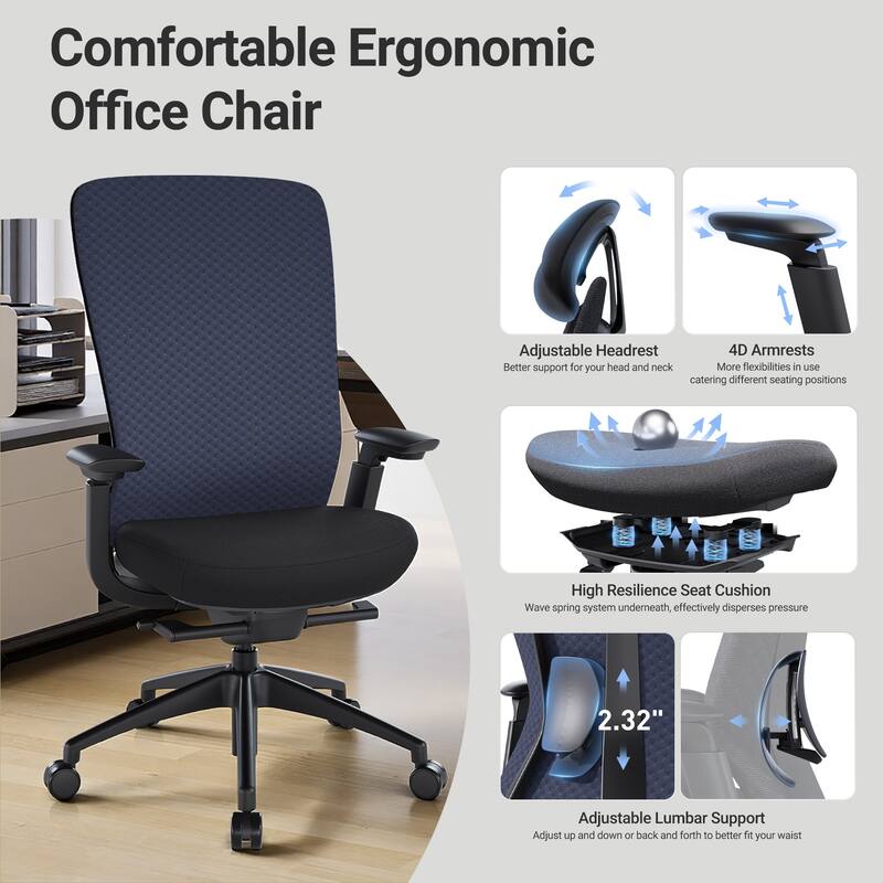 Ergonomic Office Chair, 4D Armrests, Seat Depth, Memory Foam, 300lbs, AirMesh Back