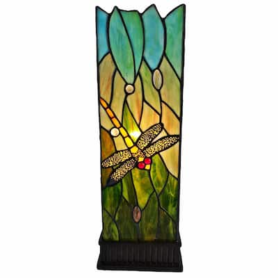 Dark Brown Resin Table Lamp with Green Glass Shade and In Line Switch - 12” x 12” x 18” (D x W x H)