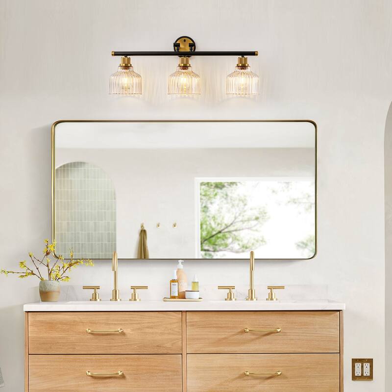 3-Light Black and Gold Bathroom Vanity Light with Clear Glass Shades, Modern Wall Sconce Fixture