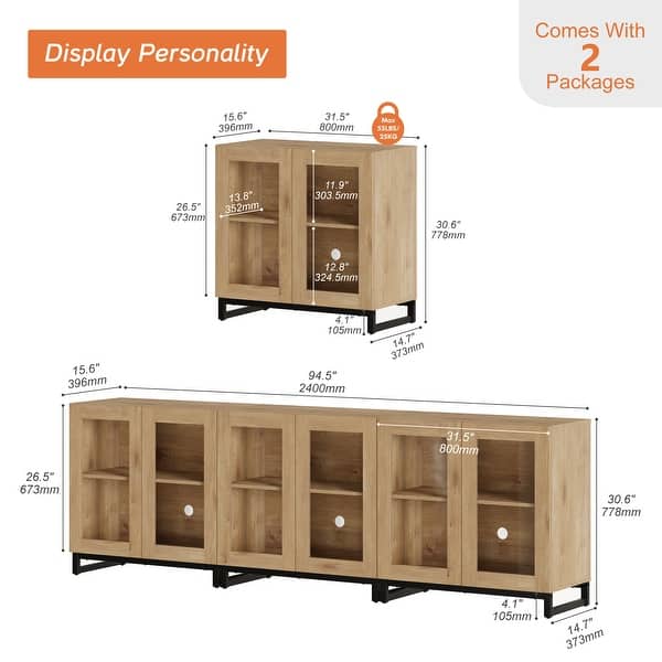 dimension image slide 8 of 10, WAMPAT Multifunctional Sideboard Buffet Cabinets with Glass Doors, Modern Sideboard with Adjustable Shelf, Coffee Bar Cabinet