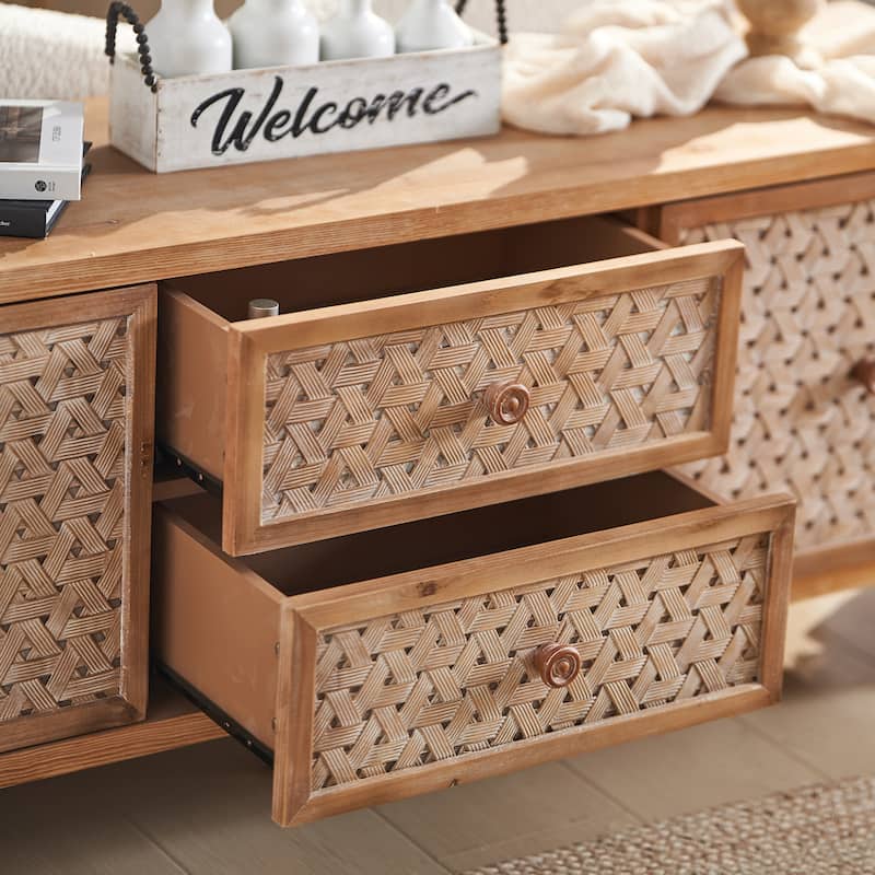 Rattan TV Stand for TVs, Wood TV Stand Mid Century Distressed TV Stand TV Media Console with Drawer and Door