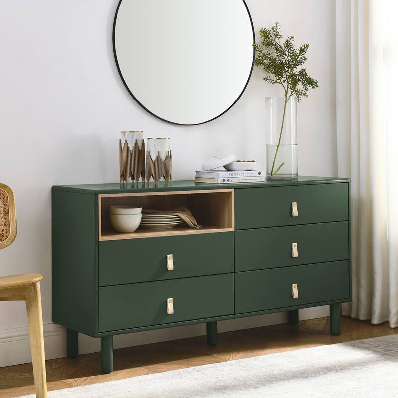 Modern 5 Drawer 55.12 in. Dresser Wood Storage Cabinet with Leather Handle, Open Shelf Drawer Cabinet