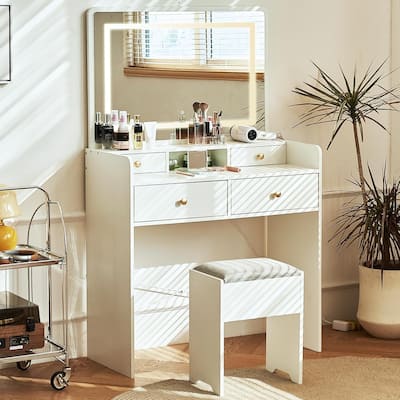 41 in. White Dressing Vanity Set with Lights Mirror and Storage Stool