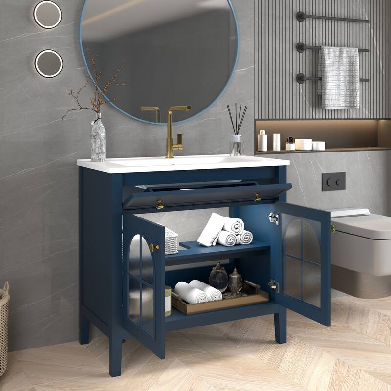 Modern Single Sink Bathroom Vanity Cabinet with Motion-sensor Light Strip & Patterned Glass, Ceramic Integrated Basin