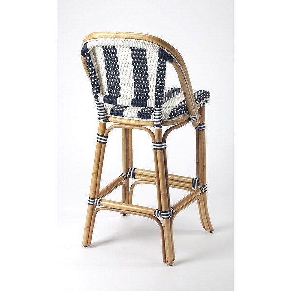 blue and white rattan bar stools