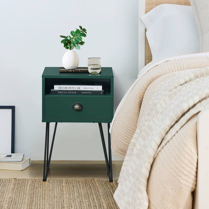 VECELO Mid Century Modern Nightstand with Drawer Open Shelf V-Shaped Metal Legs End Table for Bedroom Living Room