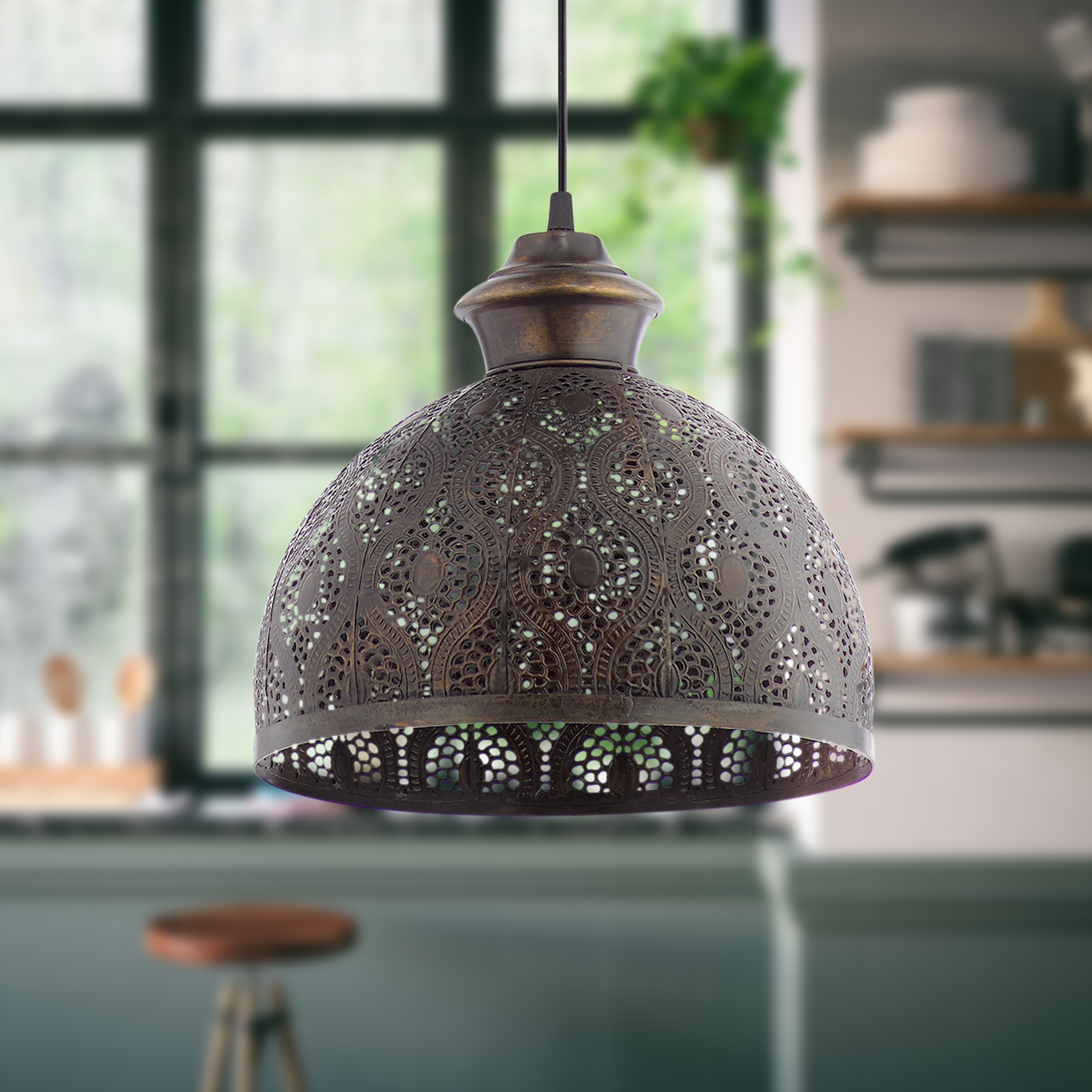 River of Goods Sigrid Antique Bronze Metal Bowl-Shade Pendant Lamp - 11" x 11" x 11.25/70.25"