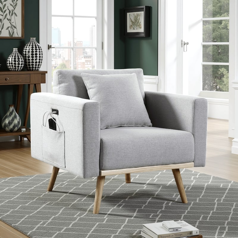 Mico 33 Inch Modern Sofa Chair with USB Ports and Pocket, Light Gray Fabric