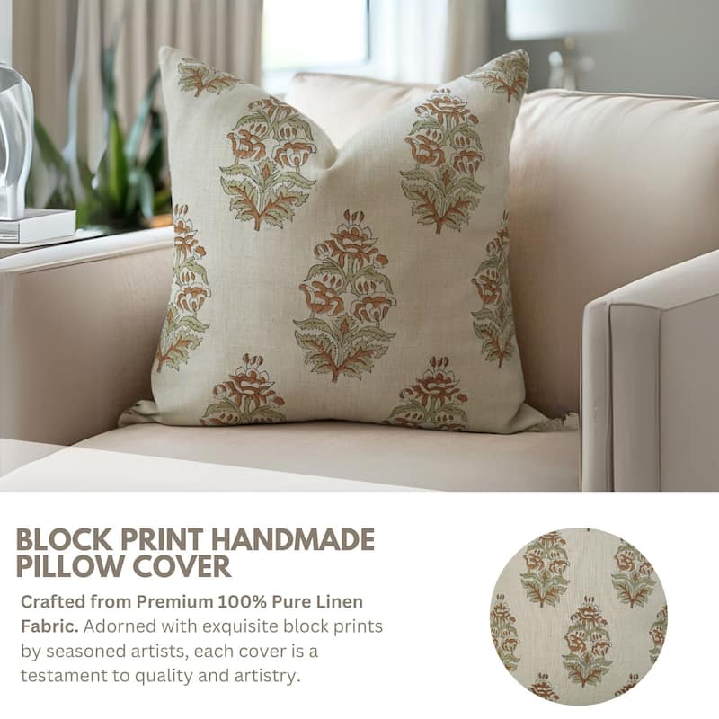 Fabdivine Minimalist Linen Handcrafted Block Print Cushion Cover, Hibiscus