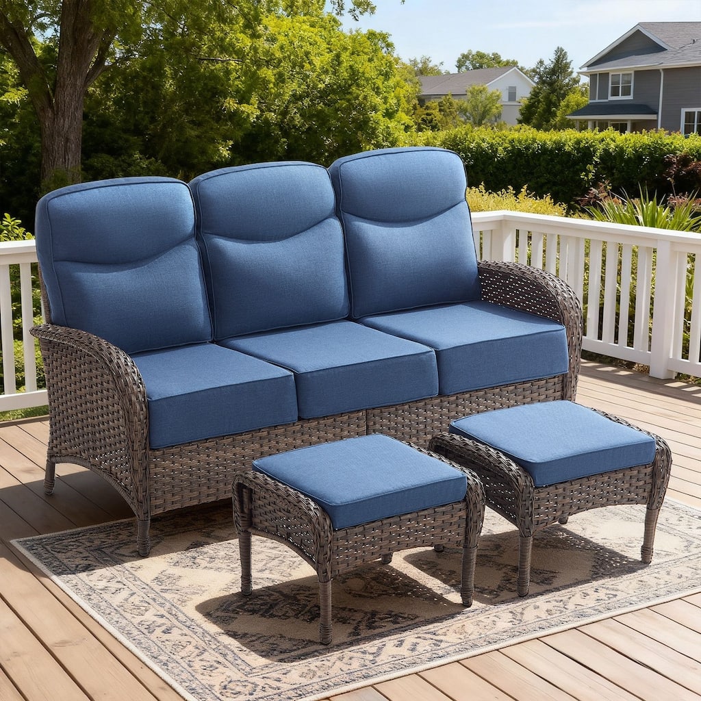 Luna 3-Seat Wicker Patio Sofa with 6-Inch Thick Cushions and 2 Ottomans